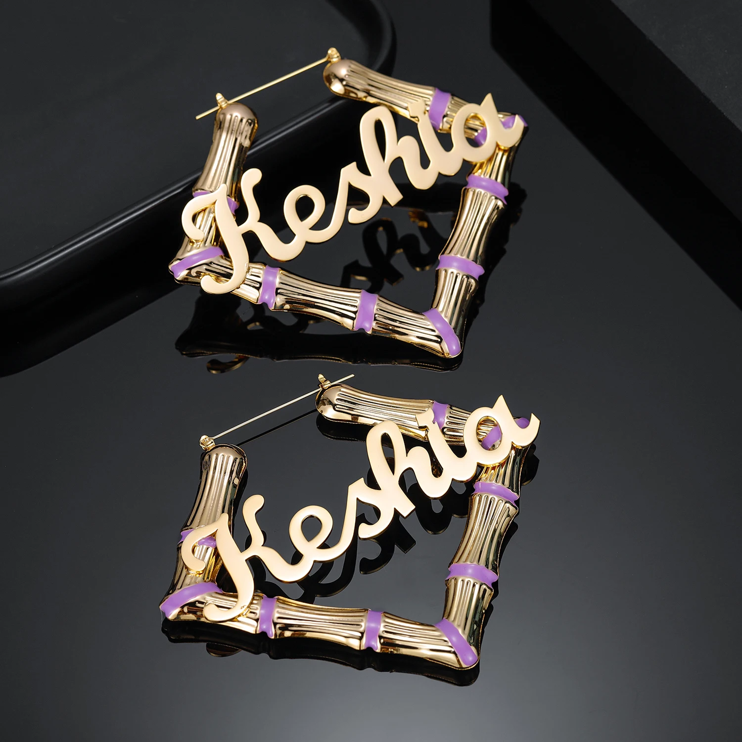 Personalized Bamboo Colorful Hoop Earrings Enamel Jewelry Customize Name Earrings Rhombus Bamboo Earring Gifts For Women Gift