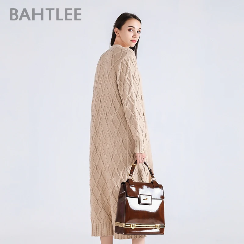 BAHTLEE-Super Long Wool Cardigans for Women, Jacquard Fabric, Knitted Jumper, Long Sleeves, V-Neck Sweater