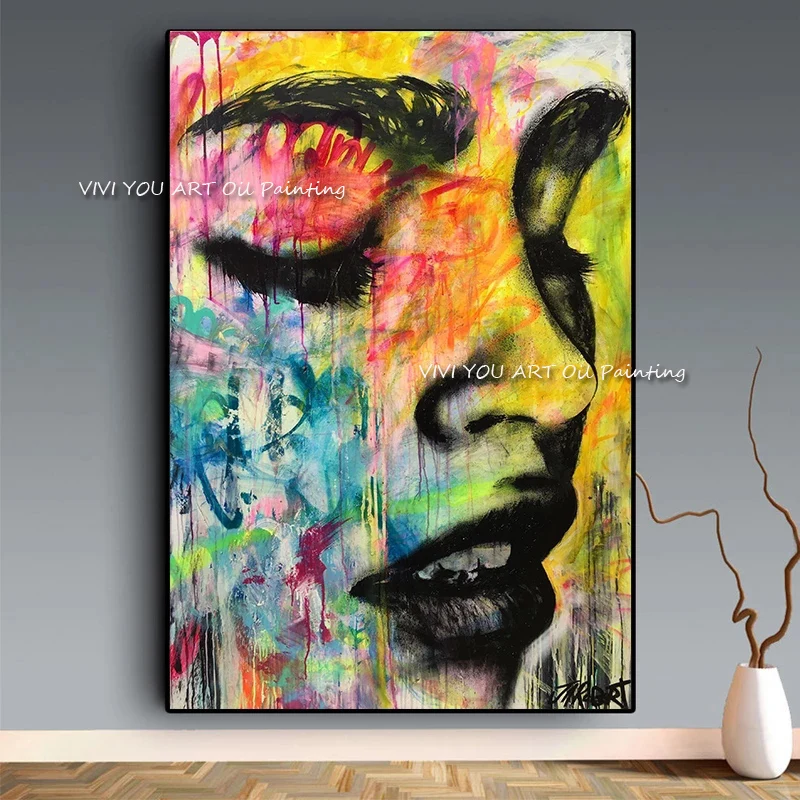 Portrait Colorful Woman Girl Face Closing Eyes 100% Handpainted Block Oil Painting Wall Art Picture for Living Room Home Decor