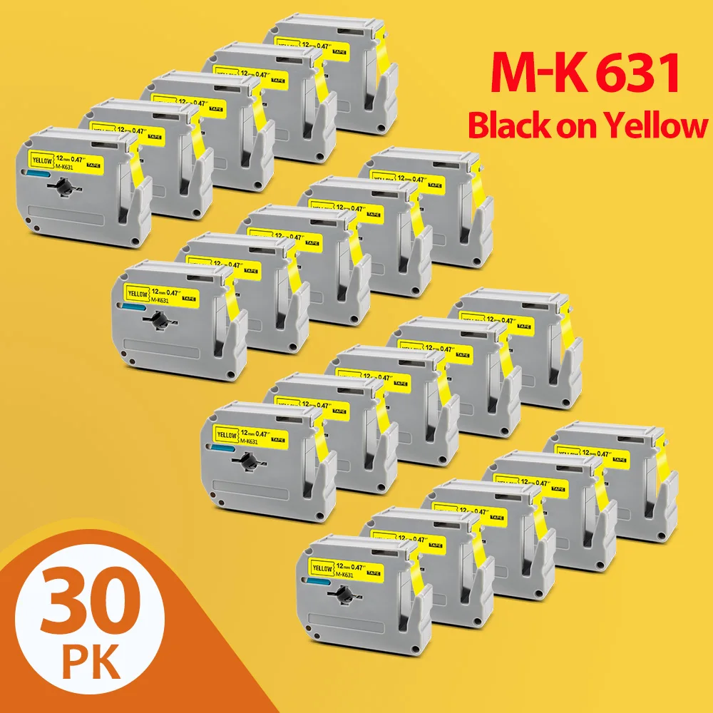 A ABCOLOR 10PK/30PK 12mm Tapes For Brother MK-631 MK631 MK 631 Label Cartridge Black on Yellow For Brother P Touch Label Maker