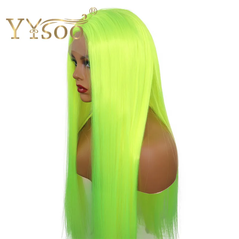 YYsoo Wig Sintetik Lurus Sutra Hijau Neon Panjang Wig Depan Renda Tanpa Lem untuk Wanita Wig Hijau Cosplay Tahan Panas