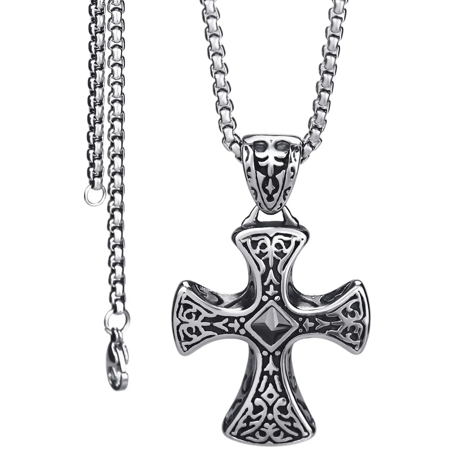 Elfasio Mens Boys Celtic Black CZ Cross Stainless Steel Pendant Necklace with 18-30inch Box Chain Vintage Jewelry