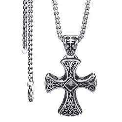 Elfasio Mens Boys Celtic Black CZ Cross Stainless Steel Pendant Necklace with 18-30inch Box Chain Vintage Jewelry
