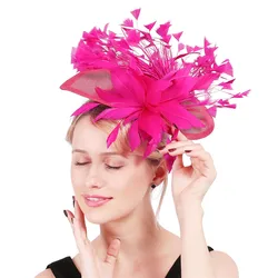 Hot Pink Cocktail Hat Flowers Imitation Sinamay Fascinators Hat Millinery With Feather For Summer Derby Wedding Party Race Event