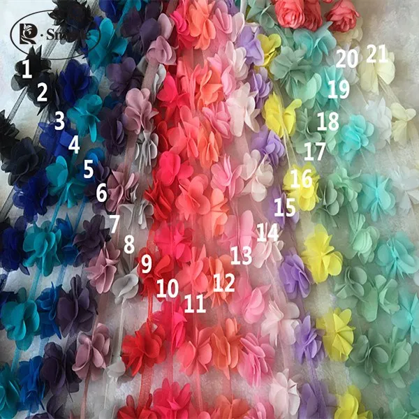 10Yd/lot 22 Color 3D Chiffon Flowers Lace Fabric, Handmade Flower Bridal Bouquets Shoes Flower Corsage Wedding Accessories RS320