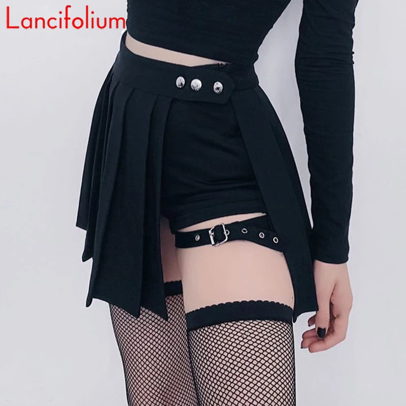 Sexy Gothic Women Mini Skirt High Waist Pleated Punk Grunge Black Summer Skirts 2020 Egirl Y2k Cute Rivet Streetwear Slit Skirt