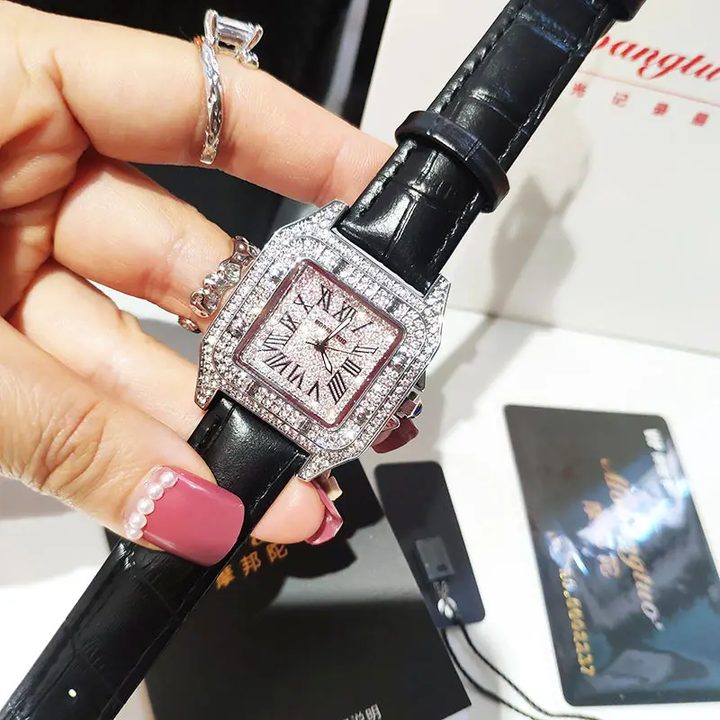 Top Brand Luxury Watch Women Quartz Waterproof Fully Diamond Ladies Watch Silver Square Couple Watches With Rhinestone