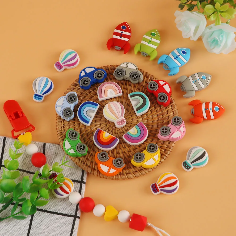Kovict Silicone Beads 10pc Mini Hot Air Balloon Rainbow Car Rocket Pendants Beads For Jewelry Making Personalize Accessories