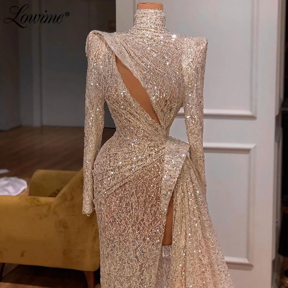 Lowime Champagne Avondjurk Kralen Elegante Hoge Split Party Dress 2021 Robe Plus Size Mermaid Lange Mouwen Pleats Prom Dresses