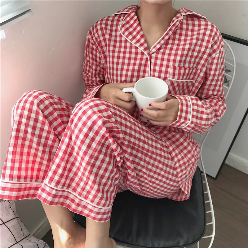 Elvoegirl Cute Grid Girls Pajamas Set Korean Autumn Winter New Long Sleeve Leisure Sleepwear Women Loose Nightwear Homewear Suit