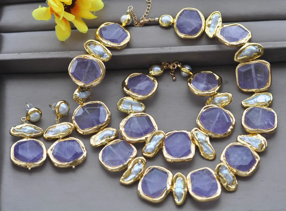 

MCT·STAR Z11100 SET 19" 30mm Square Amethyst White Biwa Pearl Necklace Bracelet Earring
