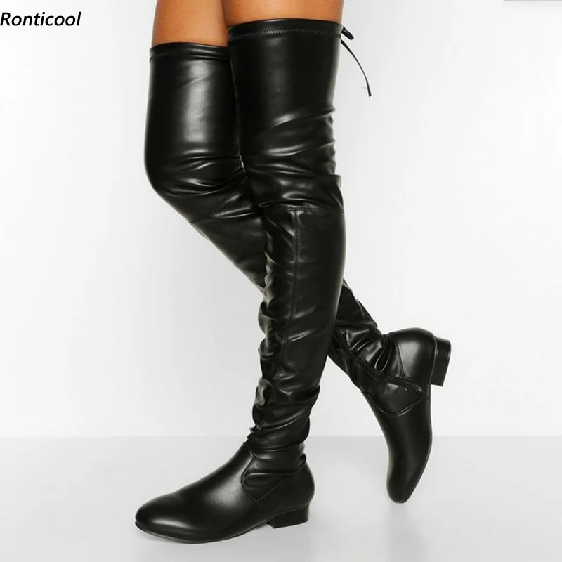 Ronticool Handmade Women Spring Thigh Boots Unisex Side Zipper Flat With Heel Round Toe Black Club Wear Shoes Us Size 5-15