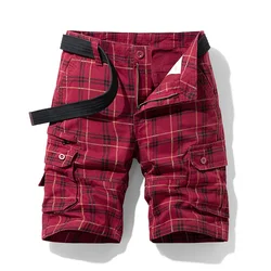 Men's Casual Shorts Cotton Cargo Short Grid Pattern Fashion Short Casual Breeches Bermuda Beach Pants Los Cortos Homme Hombre