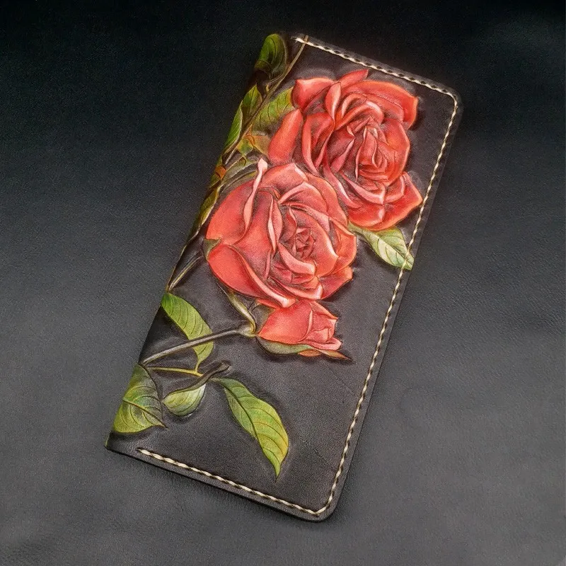 

Handmade Women Romantic Wallets Carving Roses Purses Long Clutch Vegetable Tanned Leather Wallet Lady Card Holder