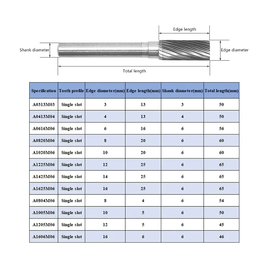 Carbide Rotary File Metal Cylindrical Tungsten Steel Grinding Head A/AE/AX/AEX 6mm Single And Double Slot Column Milling Cutter