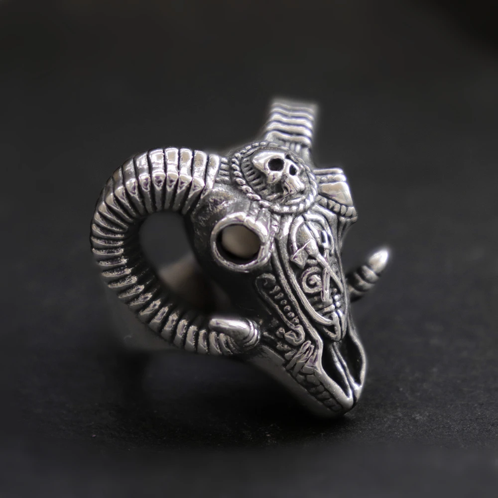 EYHIMD Evil Sacrifice Sorcerer Goat Head Mask Skull Rings Mens Punk Rock 316L Stainless Steel Ring Demon Biker Jewelry