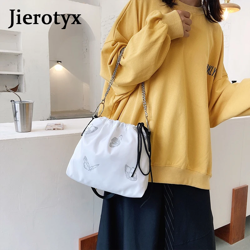 JIEROTYX Fashion Luminous Butterfly Retro Shoulder Bucket Bag For Women Drawstring Sexy Chain Shoulder Bags Lady Handbag Punk