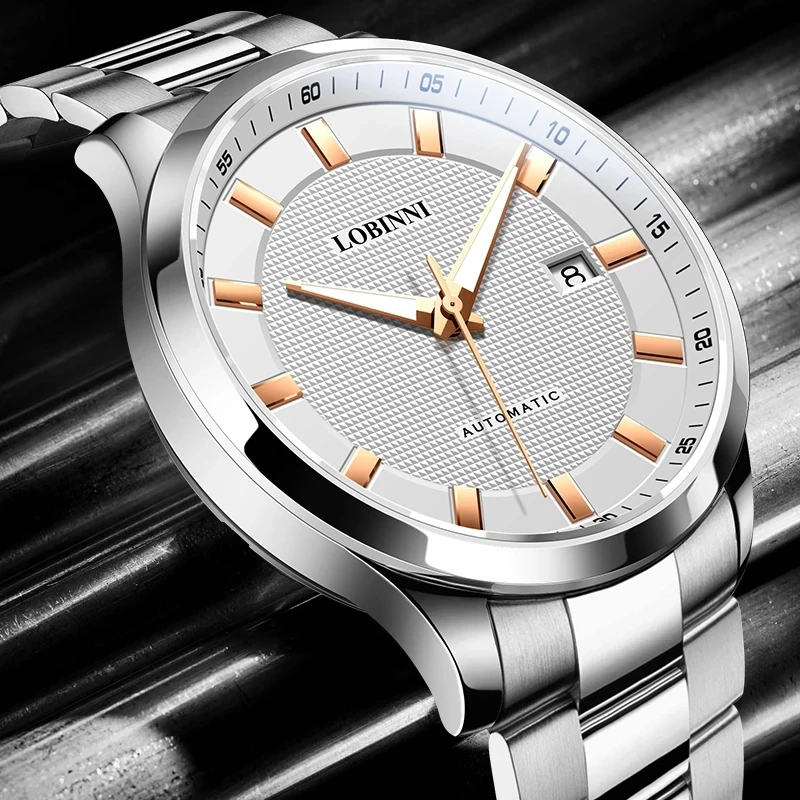 LOBINNI Orologi meccanici automatici classici in acciaio inossidabile delle migliori marche Orologi impermeabili analogici con quadrante bianco ultra sottile da uomo