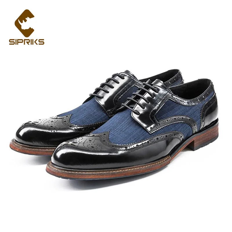 

Sipriks Mens Brogues Shoes Blue Canvas With Genuine Leather Formal Tuxedo Shoes Grooms Wedding Dress Goodyear Welt Rubber Sole