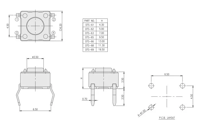 10pcs DTS-65R-V Taiwan straight plug 4 feet 6*6*9.5 touch switch button micro switch red button switch