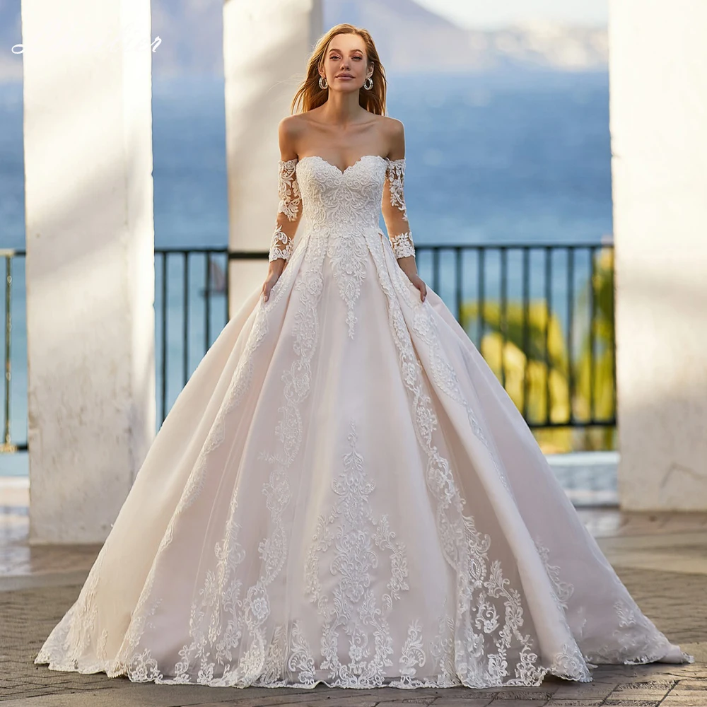 

Lhuilier Customized A Line Strapless Lace Wedding Dresses Floor Length Bridal Gowns Court Train with Sleeves