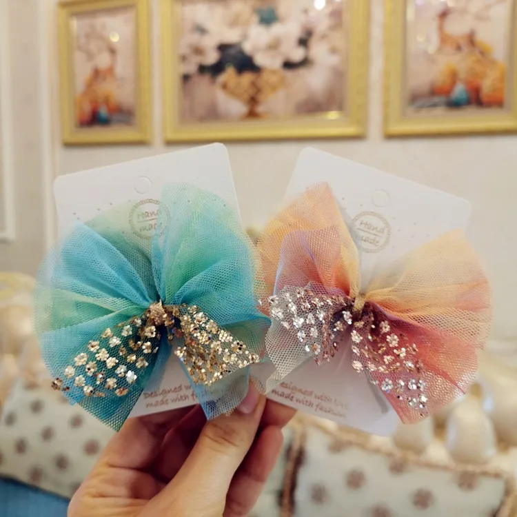 Boutique 12pcs Fashion Cute Glitter Gauze Bow Hairpins Gradient Mesh Bowknot Hair Clips Princess Headwear Girls Hair Accessories