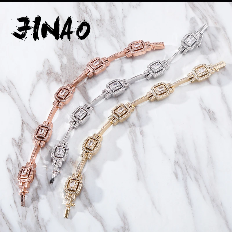 JINAO Ice Micro Pave Cubic Zirconia  High Quality Luxury Fashion Baguette Bracelet  Hip Hop Jewelry For Women Gift