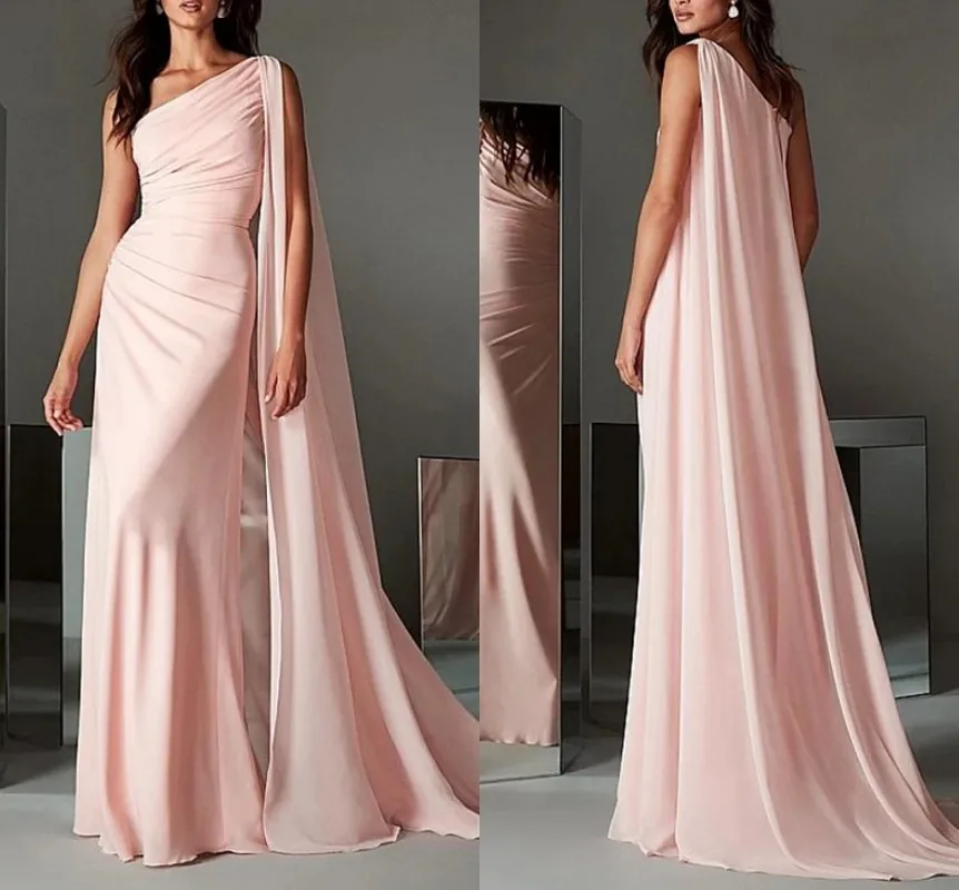 

2024 Pink One Shoulder Formal Evening Dress Mermaid Chiffon Long Prom Gowns Party Pageant Arabic Wear Vestidos