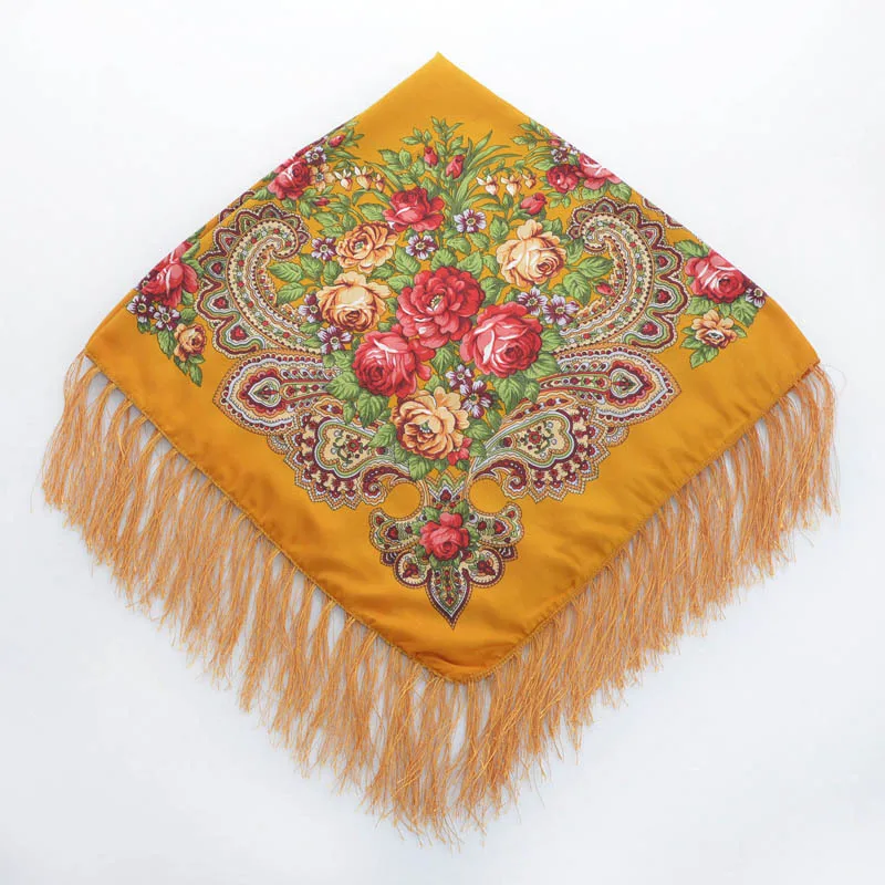 90*90cm russischer nationaler Stil quadratischer Schal Schal weibliche Fransen Blumen druck Schals Dame Kopf wickelt Foulard Femme Hijab Schals