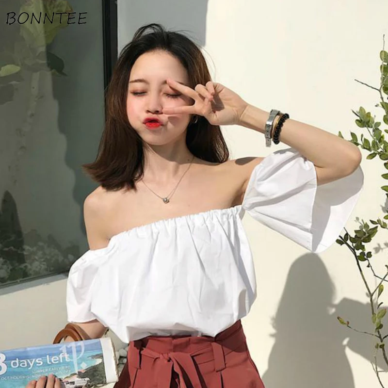 T-shirts Womens Summer Slash Neck Off Shoulder Solid Sexy Chic Loose All-match Crop Tops Elastic Girlish Fairy White New