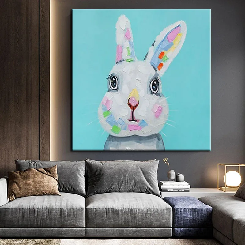 

100% Hand Painted Oil Painting Animal Cute Bunny Abstract Wall Art Home On Canvas Pictures Children Room Decor Unframed