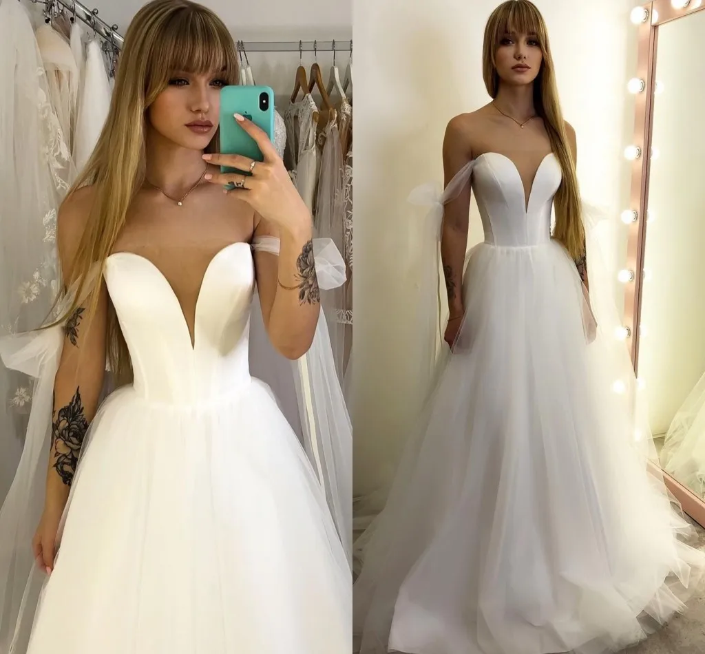 

Vestidos Wedding Dress 2024 A-Line V-Neck Simple Sexy Bridal Gowns Court Train Off Shoulder Robe De Mariage