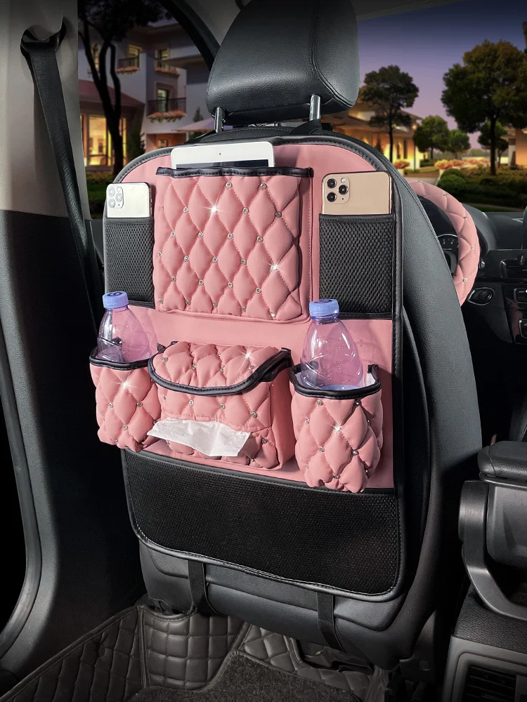 

Leather Plaid Car Seat Back Storage Bag Diamond Anti Kick Pad Paper Towel Phone Holder Pocket Backseat Hanging Box Organizer