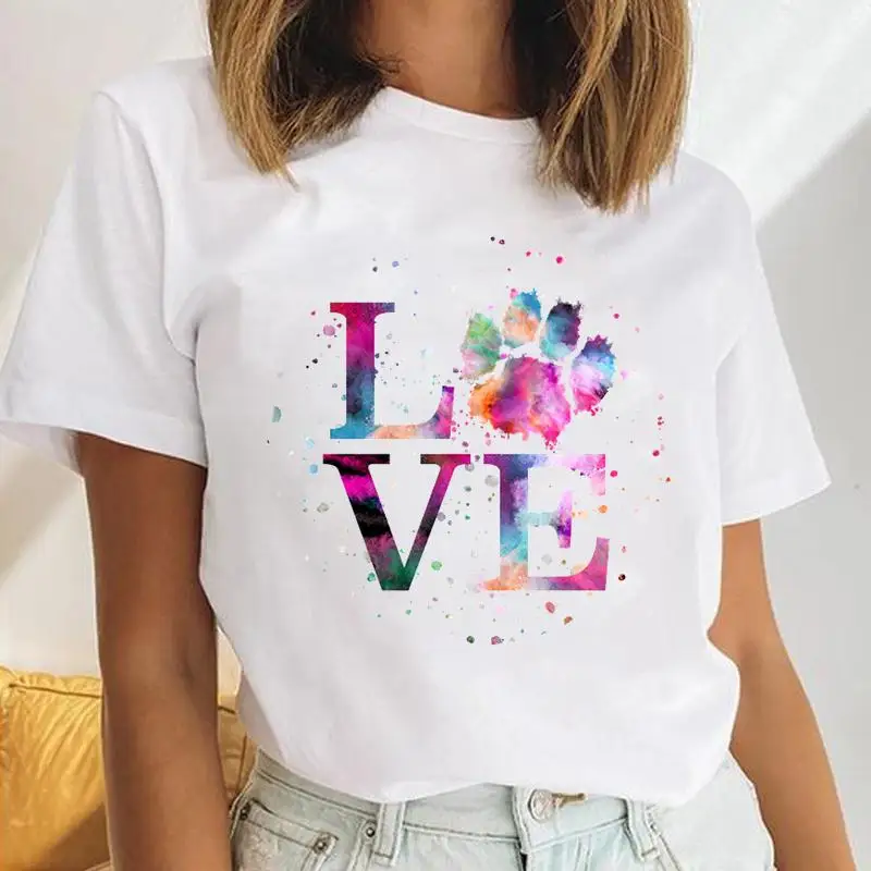 

Women Dog Paw Letter Trend Love Dog Animal Casual Female Cartoon Clothes Tops Print Ladies Tees Tshirt Graphic T-Shirt