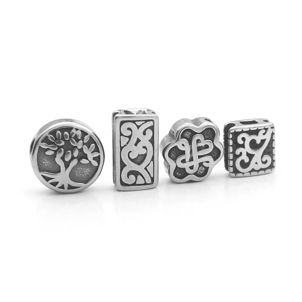 4pcs Stainless Steel Tree of Life European Spacer Charms Beads Small Holes Beads For DIY Beaded Bracelets Jewelry Making