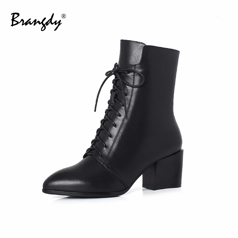 Brangdy Women Boots Genuine Leather Women Ankle Boots Square Heel Women Winter Shoes With Fur Zip Pointed Toe Size 34-39