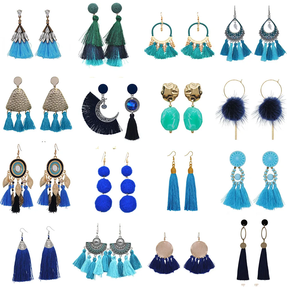 Women Trendy Blue Earrings Handmade Fringe Feathers Drop Earrings Popular Navy Royal Blue Sky Mint Green Femme Jewelry