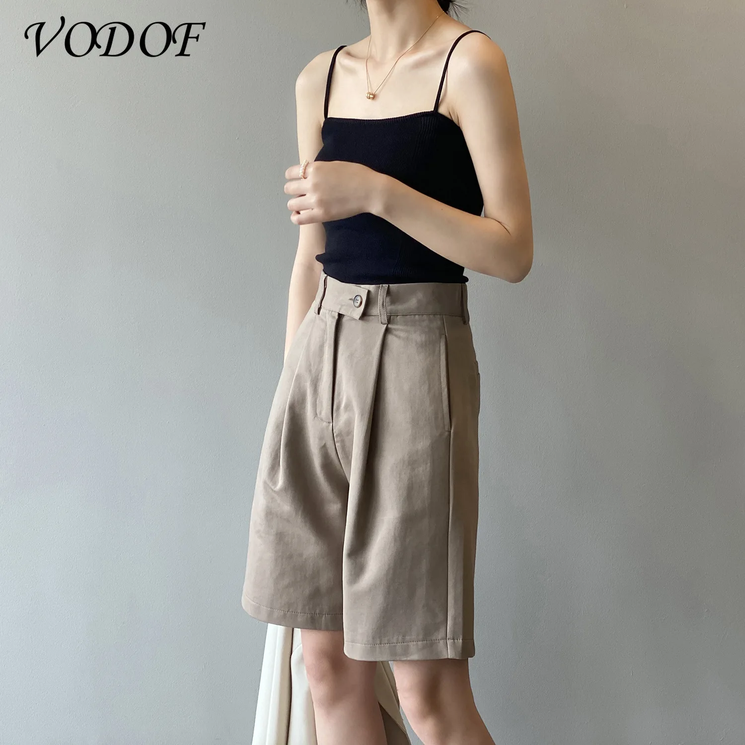 VODOF Fashion Chic Pure Color Loose Ladies Shorts High Waist Pocket Summer Women's Wide Leg Shorts 2021