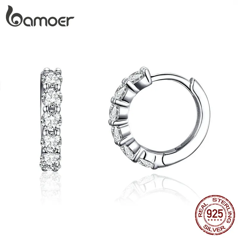 Pendientes de aro de boda BAMOER para mujer, Plata de Ley 925, Zirconia cúbica de alta calidad, pequeños aros para las orejas, joyería llamativa SCE524