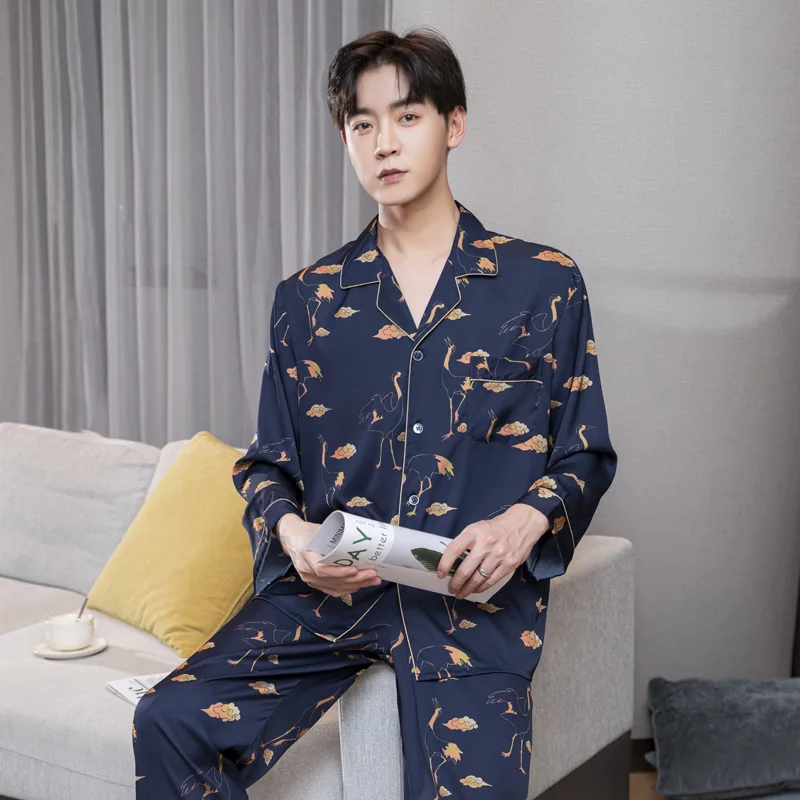 

Men Pajamas Set Lapel Rayon 2PCS PJS Suits Long Sleeve Sleepwear Casual Pyjamas Novelty Shirt&Pant Printed Home Wear Suit