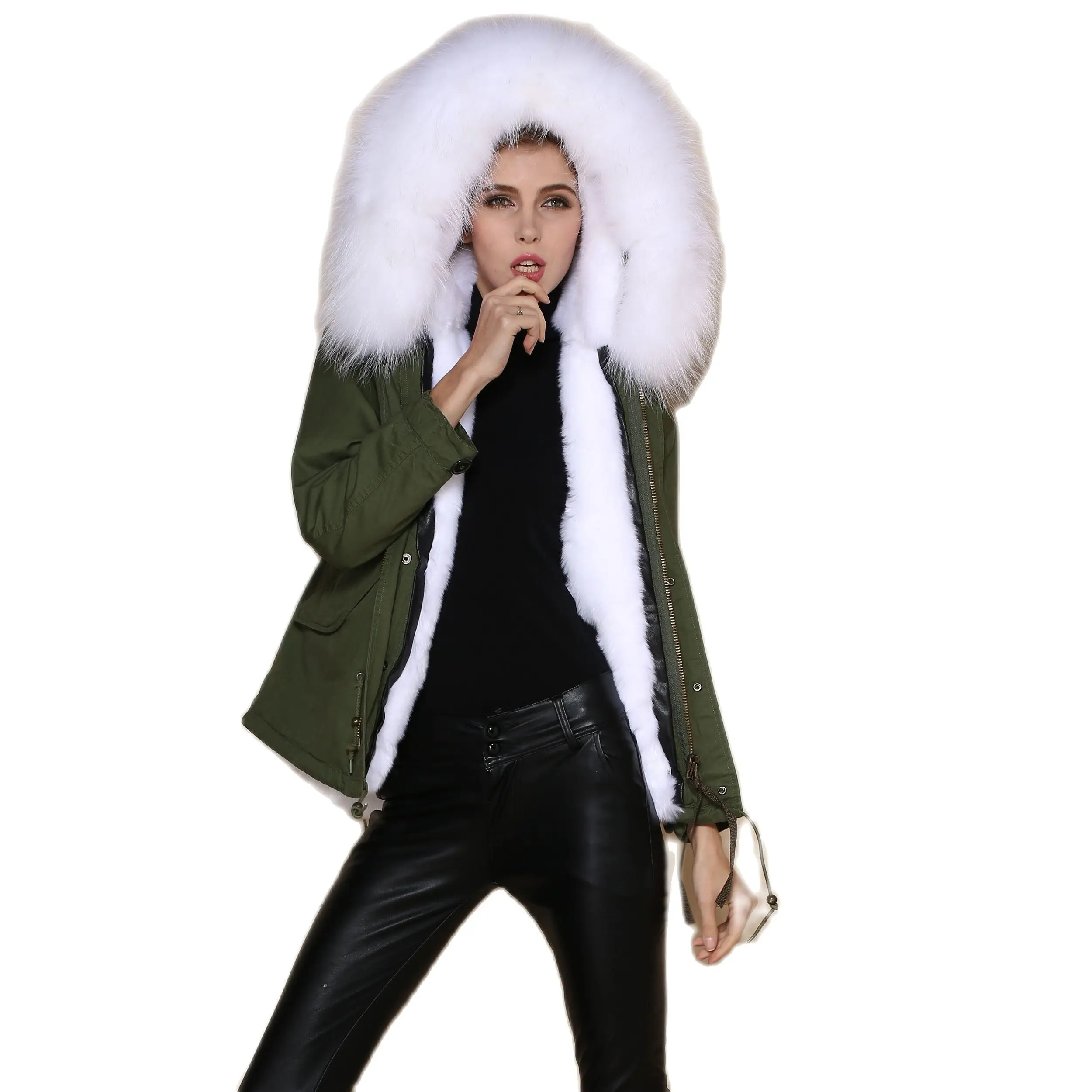 Hot Sale White Faux Fur Lined Parka Winter Short Coat For Women With White Raccoon Fur Collar