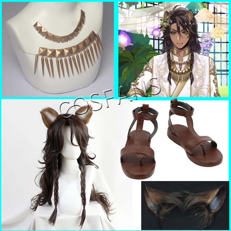 Twisted Wonderland Leona Kingscholar Savanaclaw Wig Cosplay Necklace Ear Handmade Halloween Party Carnival Wig shoes tail