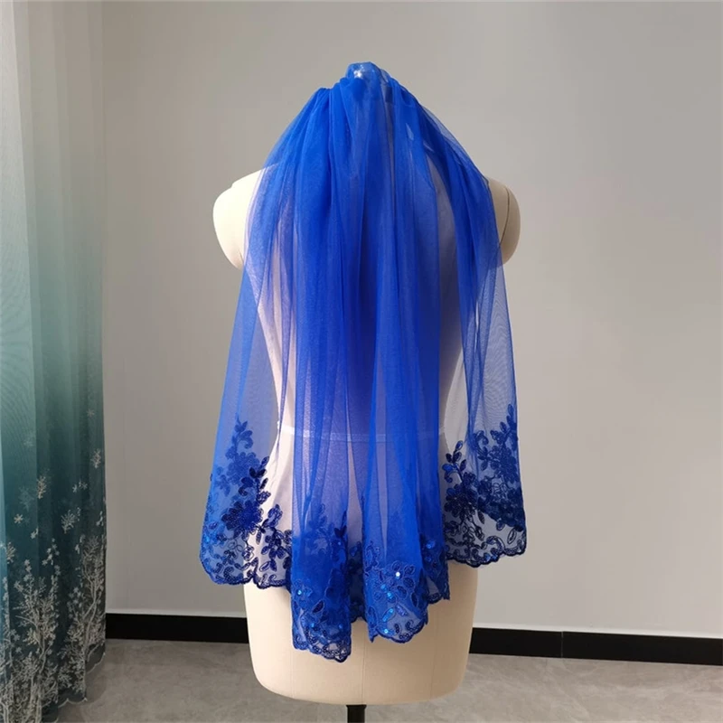 Short Royal Blue Bridal Wedding Veils One layer Full Lace Edge Tulle With Comb Accessories for Brides Short Veil One Layer 0.9 m