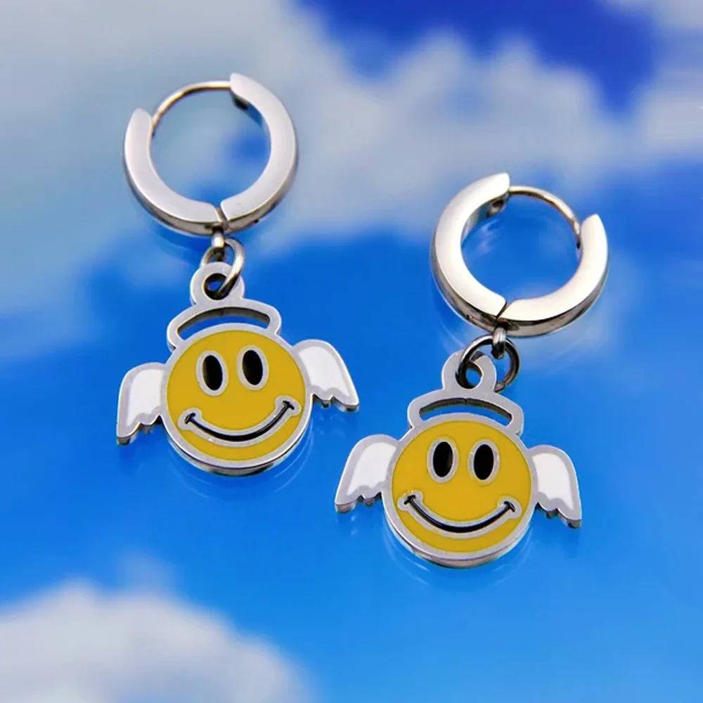 Happy smile face cry butterfly mushroom huggie hoop earrings for women fire lightning dangling hoop earring men stainless steel