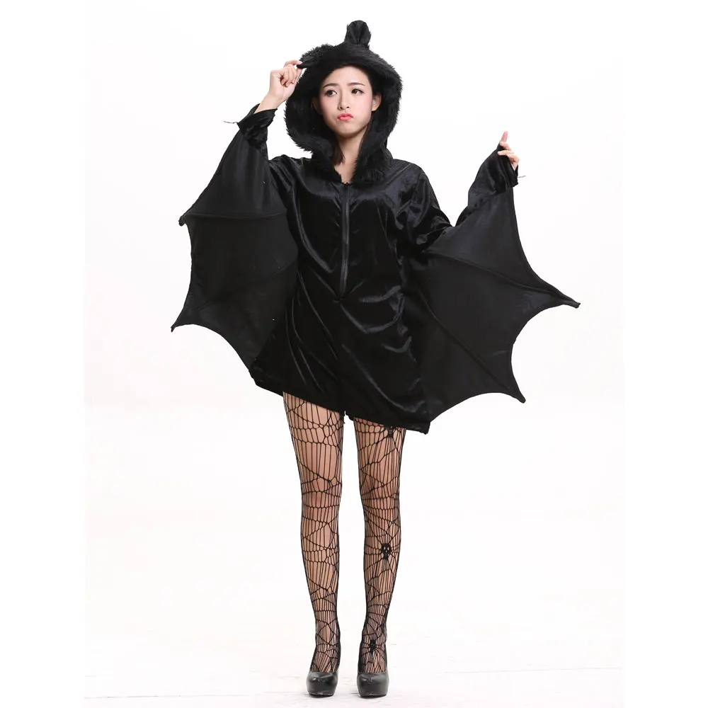 Umorden Halloween Purim Carnival Party Woman Black Bat Vampire Costumes for Women Fantasia Cozy Bat Cosplay Costume Furry Hood