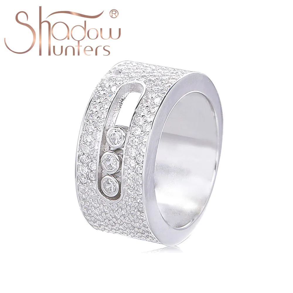 SHADOWHUNTERS Luxury Brand Authentic 925 Sterlling Silver Wedding Clear CZ Move Stone Wide Ring For Men Fashion Jewelry Making