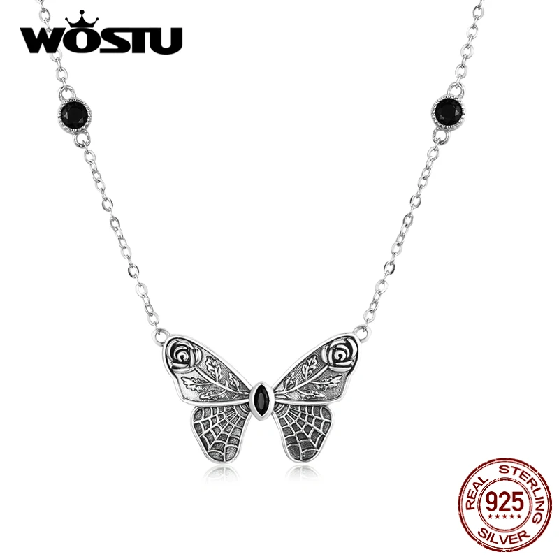 WOSTU Real 925 Sterling Silver Vintage Butterfly Cobwebs Spider Web Pendant Choker Necklace For Women Jewelry Gift CTN235