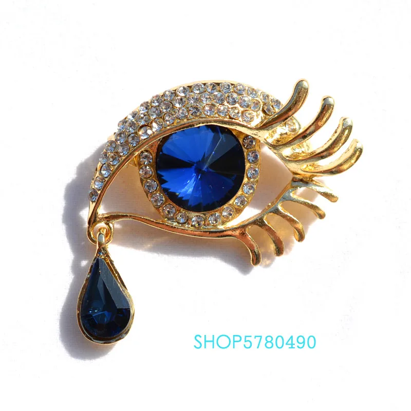 Individual Jewelry Rhinestone Tear Eye Brooch Blue Color Crystal Women Vintage Breast Pin Ladies Overcoat Dress Accessories