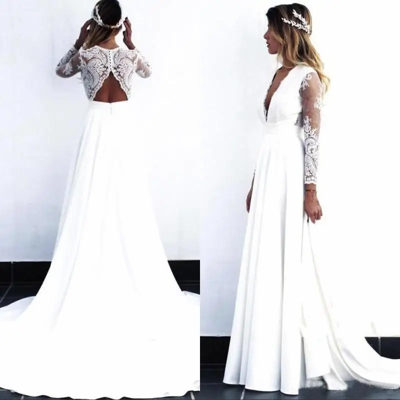 À venda vestidos de casamento de manga longa 2024 renda branca vestidos de noiva decote em v profundo vestido de noiva voltar para fora vestidos de casamento personalizados