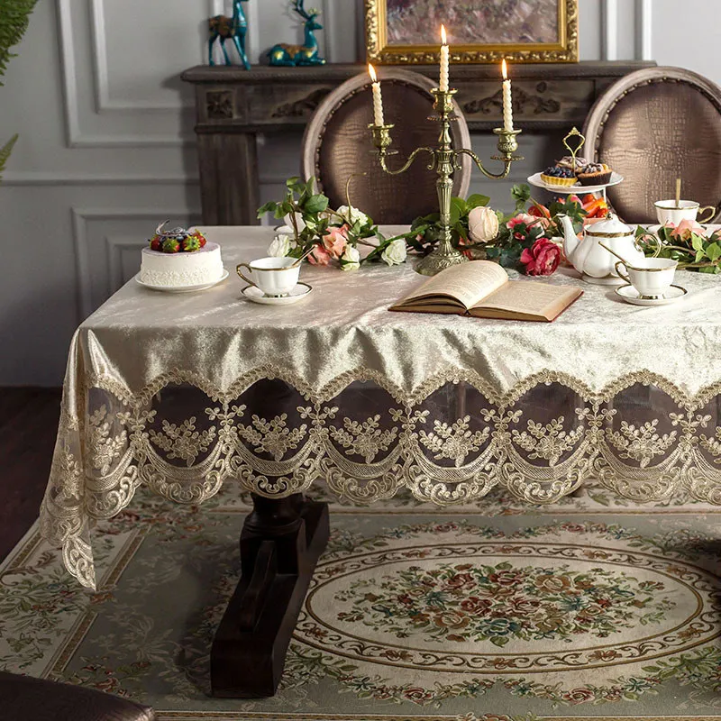 

European Velvet Rectangular Tablecloth, Dining Coffee Table Cover, Square with Lace, Chair Cover Set, Champagne Home Decoration